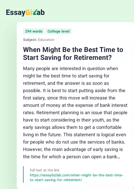 When Might Be the Best Time to Start Saving for Retirement? - Essay Preview
