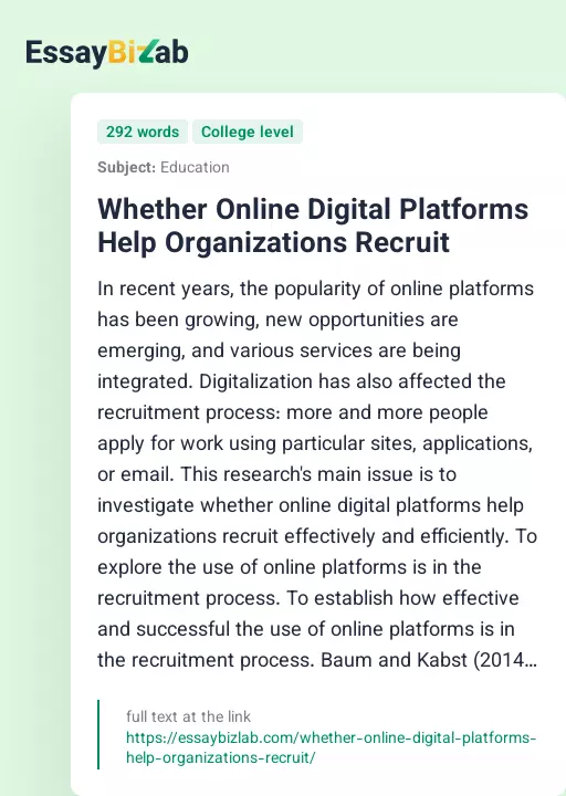 Whether Online Digital Platforms Help Organizations Recruit - Essay Preview