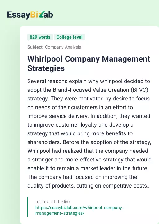 Whirlpool Company Management Strategies - Essay Preview