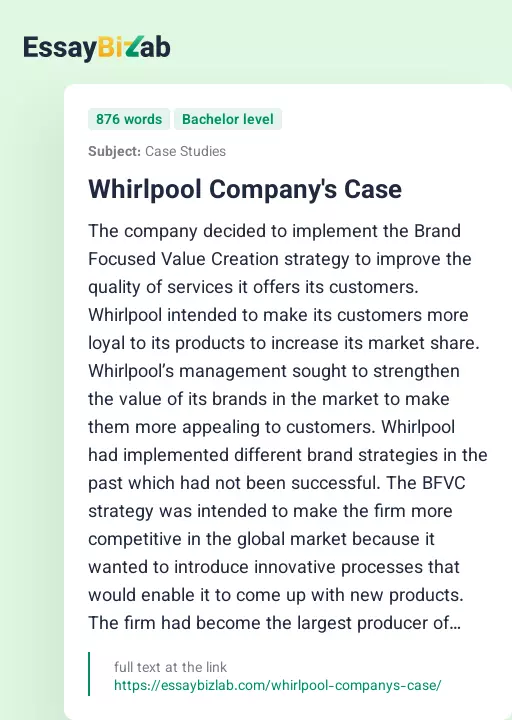 Whirlpool Company's Case - Essay Preview