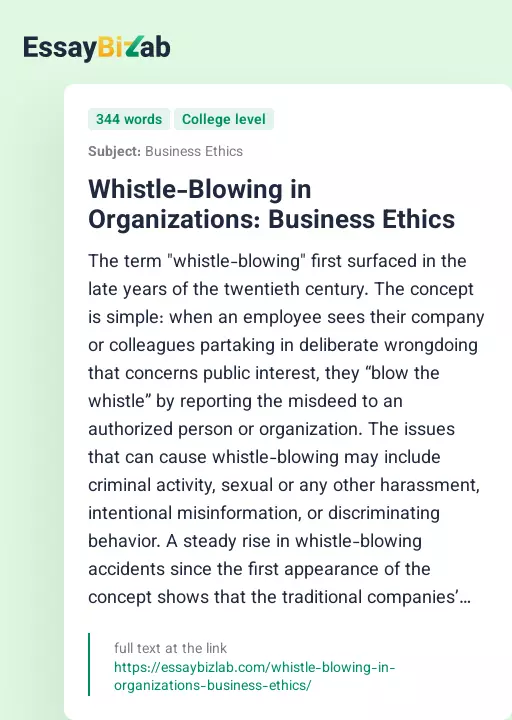 Whistle-Blowing in Organizations: Business Ethics - Essay Preview