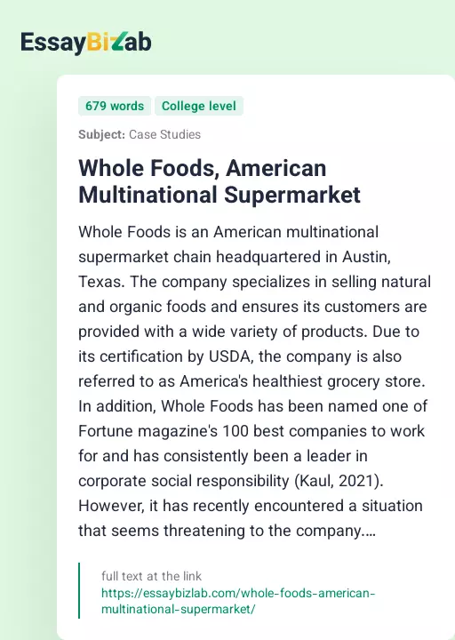 Whole Foods, American Multinational Supermarket - Essay Preview