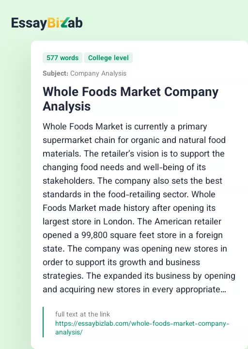 Whole Foods Market Company Analysis - Essay Preview