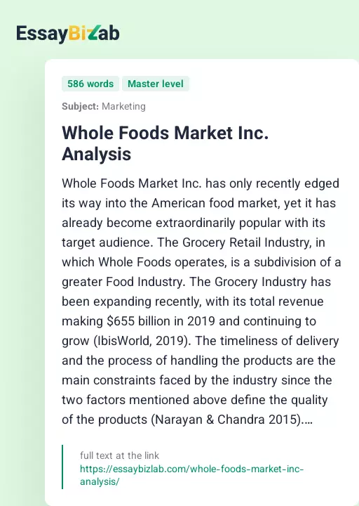 Whole Foods Market Inc. Analysis - Essay Preview