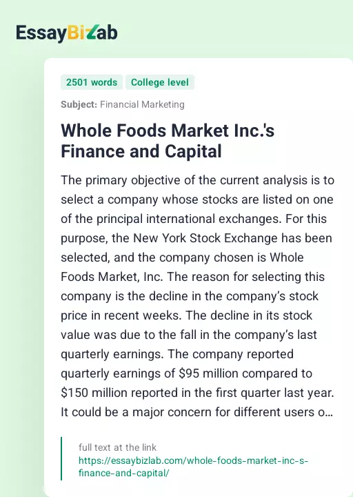 Whole Foods Market Inc.'s Finance and Capital - Essay Preview