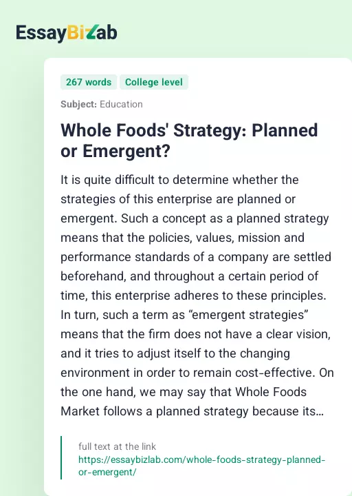 Whole Foods' Strategy: Planned or Emergent? - Essay Preview