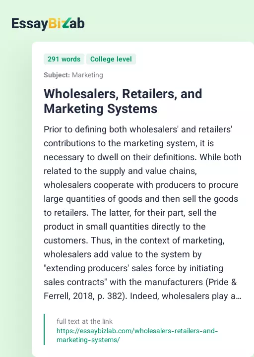 Wholesalers, Retailers, and Marketing Systems - Essay Preview