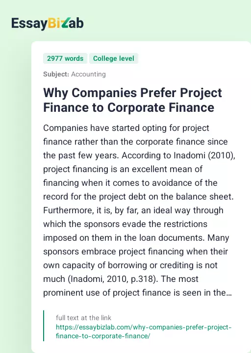Why Companies Prefer Project Finance to Corporate Finance - Essay Preview