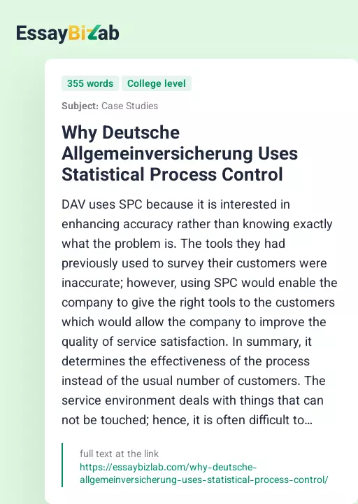 Why Deutsche Allgemeinversicherung Uses Statistical Process Control - Essay Preview
