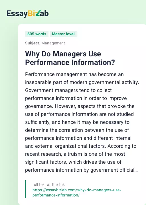 Why Do Managers Use Performance Information? - Essay Preview