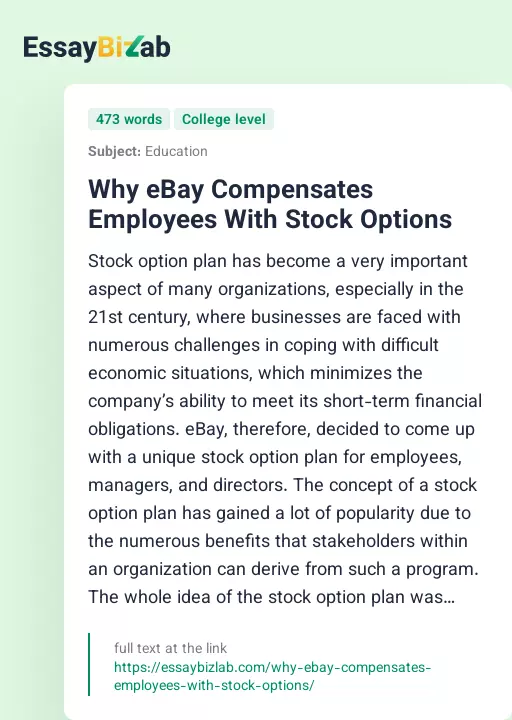 Why eBay Compensates Employees With Stock Options - Essay Preview