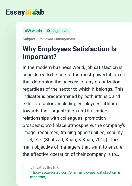 Why Employees Satisfaction Is Important? - Essay Preview