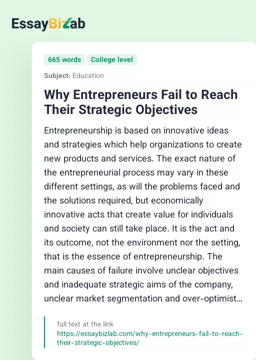 Why Entrepreneurs Fail to Reach Their Strategic Objectives - Essay Preview
