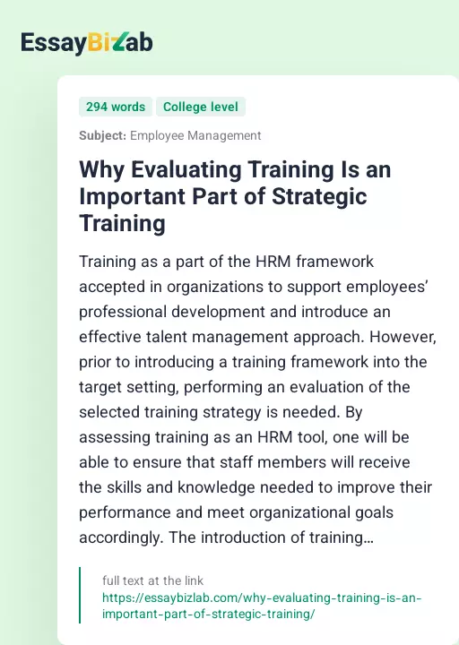 Why Evaluating Training Is an Important Part of Strategic Training - Essay Preview