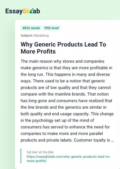 Why Generic Products Lead To More Profits - Essay Preview