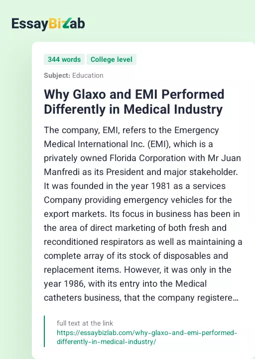 Why Glaxo and EMI Performed Differently in Medical Industry - Essay Preview