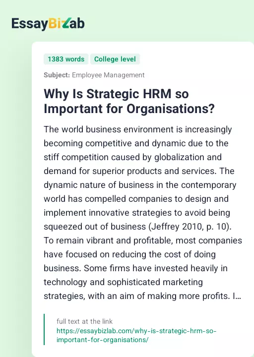 Why Is Strategic HRM so Important for Organisations? - Essay Preview