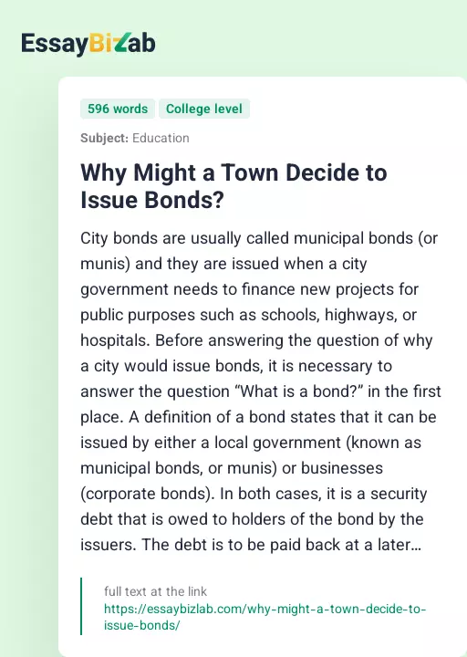 Why Might a Town Decide to Issue Bonds? - Essay Preview