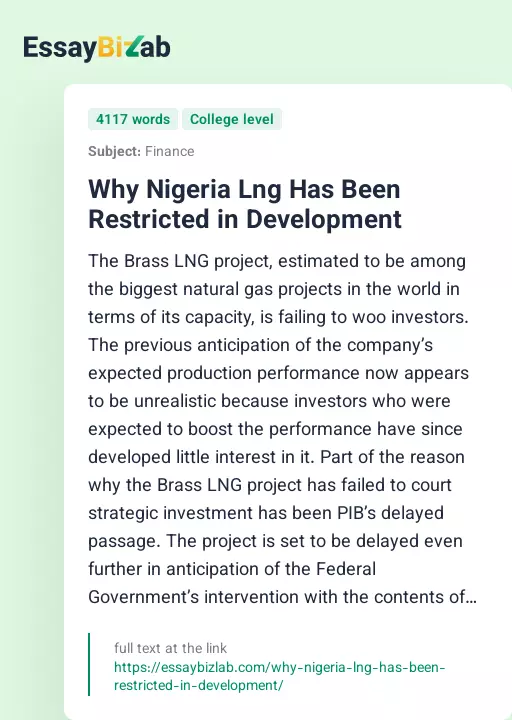Why Nigeria Lng Has Been Restricted in Development - Essay Preview