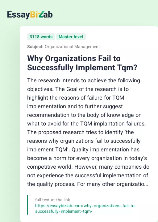 Why Organizations Fail to Successfully Implement Tqm? - Essay Preview