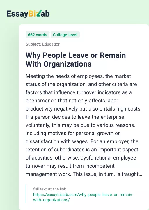Why People Leave or Remain With Organizations - Essay Preview