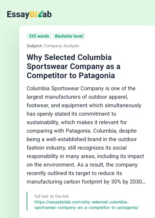 Why Selected Columbia Sportswear Company as a Competitor to Patagonia - Essay Preview