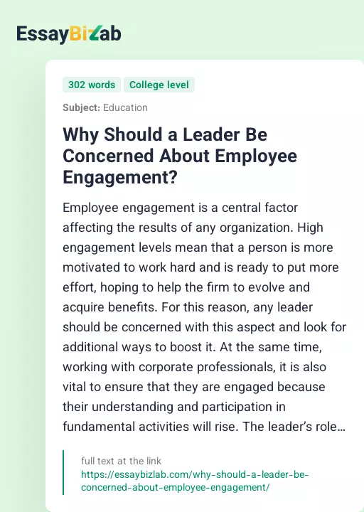 Why Should a Leader Be Concerned About Employee Engagement? - Essay Preview