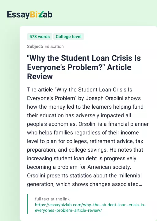 "Why the Student Loan Crisis Is Everyone's Problem?" Article Review - Essay Preview