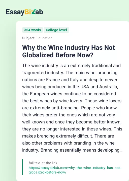 Why the Wine Industry Has Not Globalized Before Now? - Essay Preview