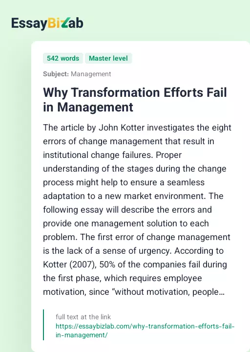 Why Transformation Efforts Fail in Management - Essay Preview