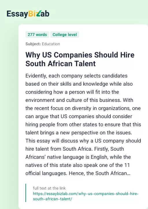 Why US Companies Should Hire South African Talent - Essay Preview