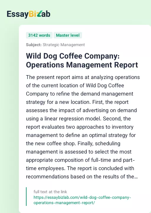 Wild Dog Coffee Company: Operations Management Report - Essay Preview
