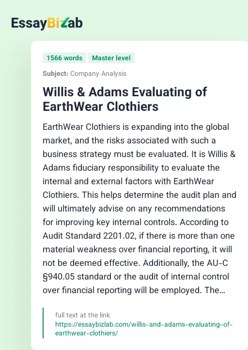Willis & Adams Evaluating of EarthWear Clothiers - Essay Preview