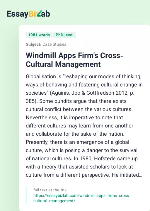 Windmill Apps Firm's Cross-Cultural Management - Essay Preview