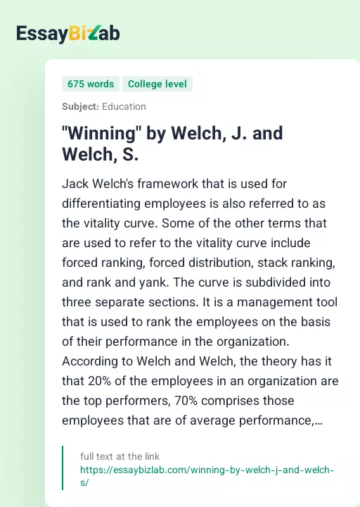 "Winning" by Welch, J. and Welch, S. - Essay Preview