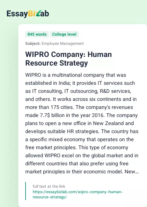 WIPRO Company: Human Resource Strategy - Essay Preview