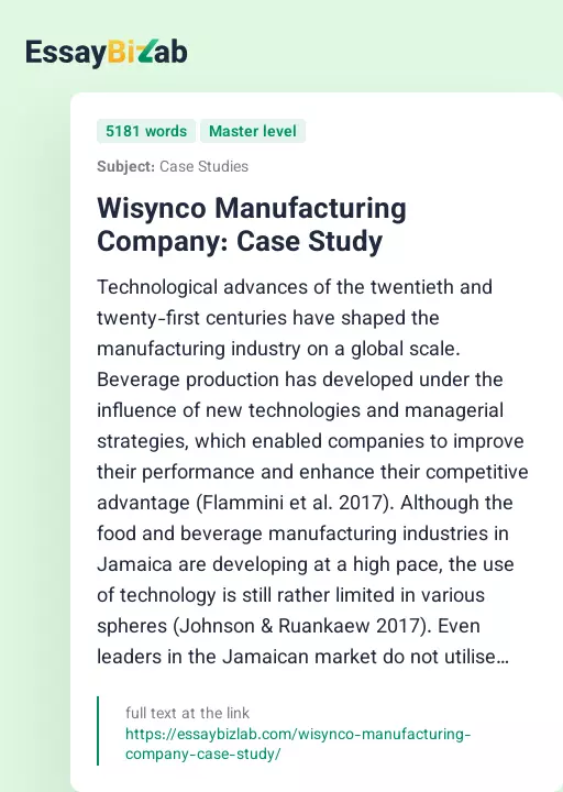 Wisynco Manufacturing Company: Case Study - Essay Preview