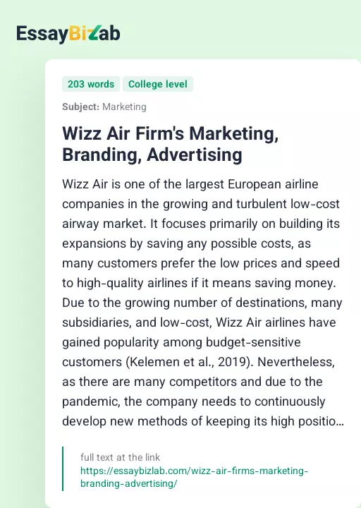 Wizz Air Firm's Marketing, Branding, Advertising - Essay Preview