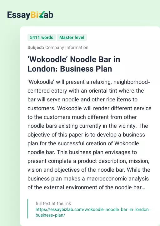 ‘Wokoodle’ Noodle Bar in London: Business Plan - Essay Preview