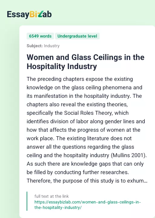 Women and Glass Ceilings in the Hospitality Industry - Essay Preview