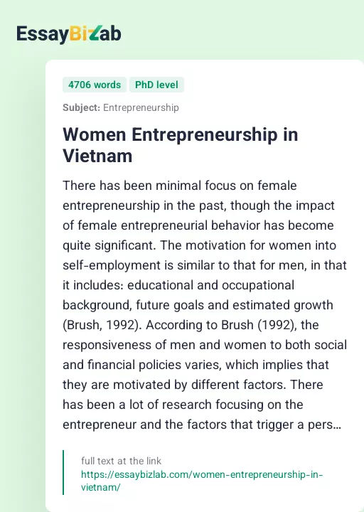 Women Entrepreneurship in Vietnam - Essay Preview