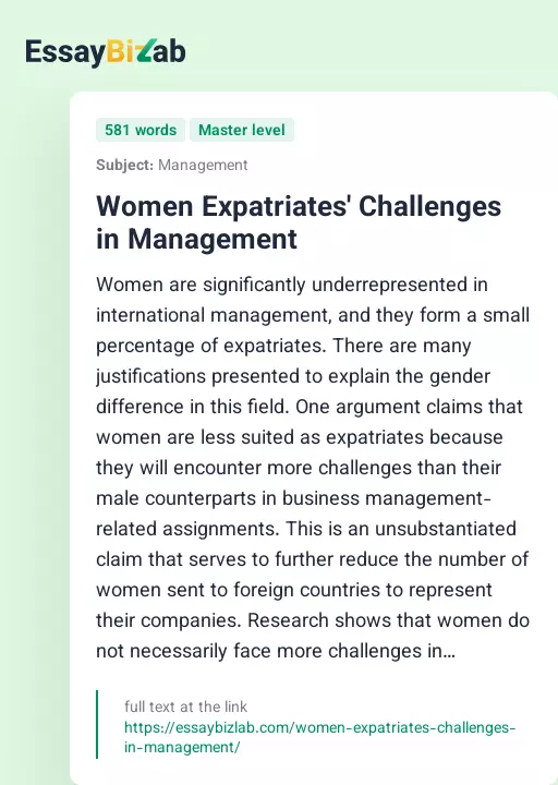 Women Expatriates' Challenges in Management - Essay Preview