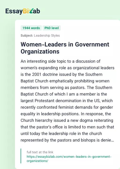 Women-Leaders in Government Organizations - Essay Preview