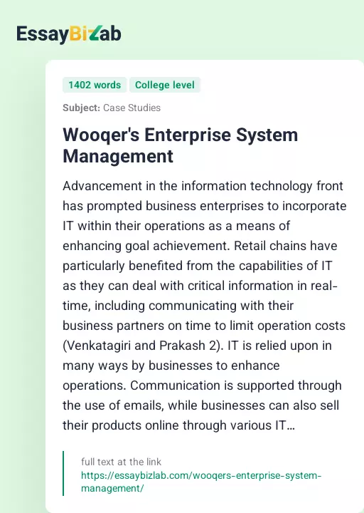 Wooqer's Enterprise System Management - Essay Preview