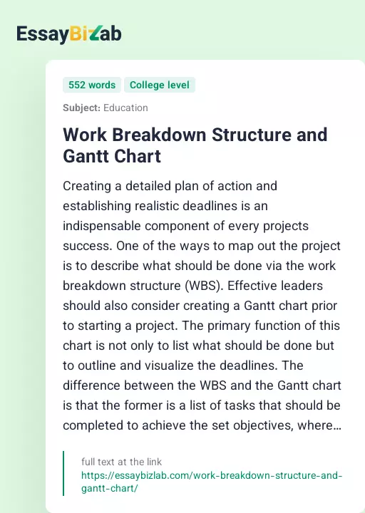 Work Breakdown Structure and Gantt Chart - Essay Preview