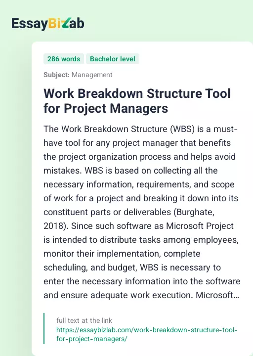 Work Breakdown Structure Tool for Project Managers - Essay Preview