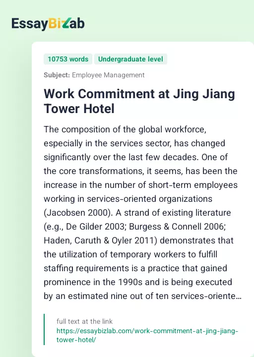 Work Commitment at Jing Jiang Tower Hotel - Essay Preview