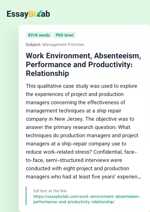 Work Environment, Absenteeism, Performance and Productivity: Relationship - Essay Preview