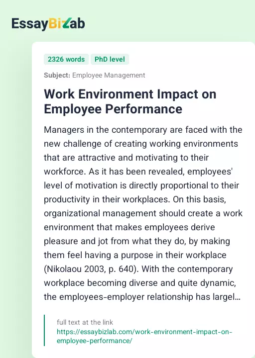 Work Environment Impact on Employee Performance - Essay Preview