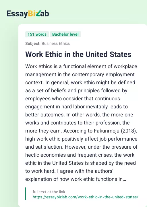 Work Ethic in the United States - Essay Preview
